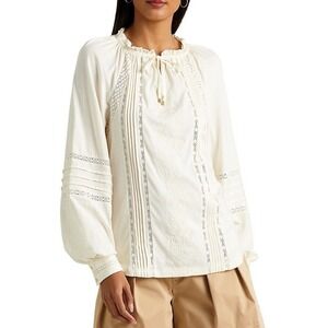 Lauren Ralph Lauren Cream Embroidered Lace Peasant Blouse XL Cotton Modal